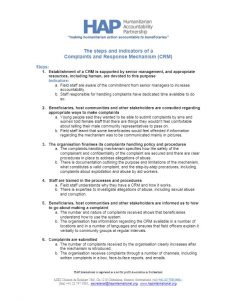 Humanitarian Accountability Partnership (HAP) (n.d.). The Steps and Indicators of a Complaints and Response Mechanism (CRM) (pp. 1-2)